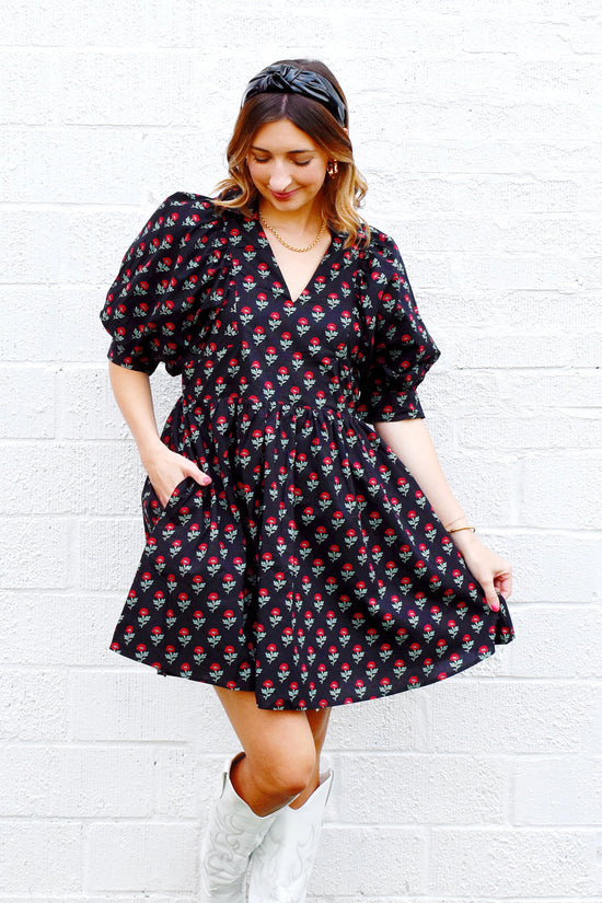 Black Red Floral Collared Dress