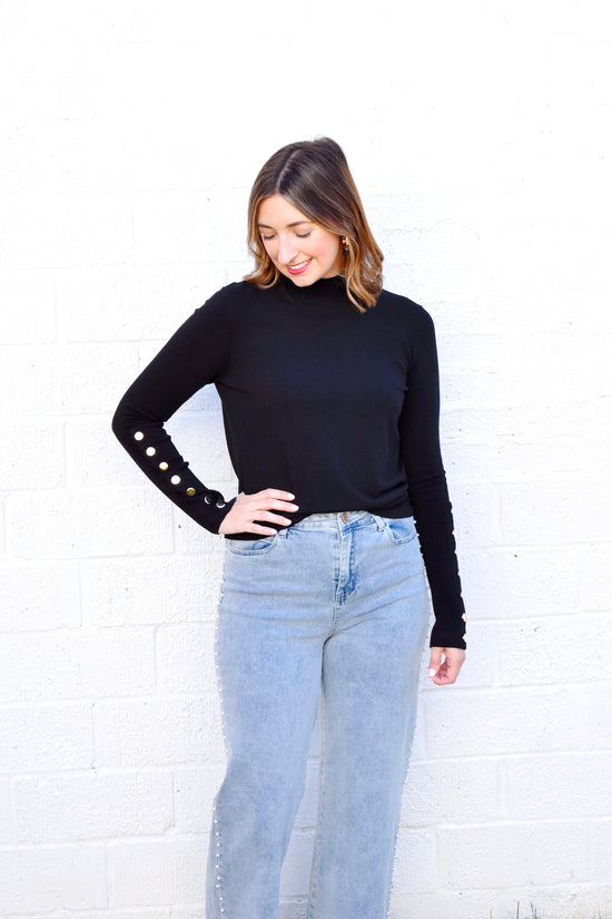 Black Mock Neck Button Detail Sweater