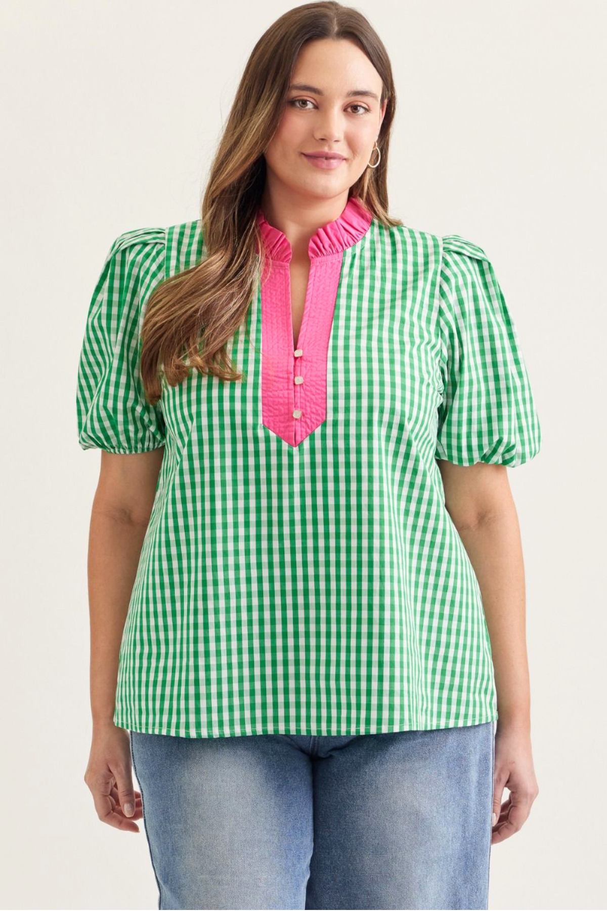 Plus Green Gingham Pink Contrast Blouse