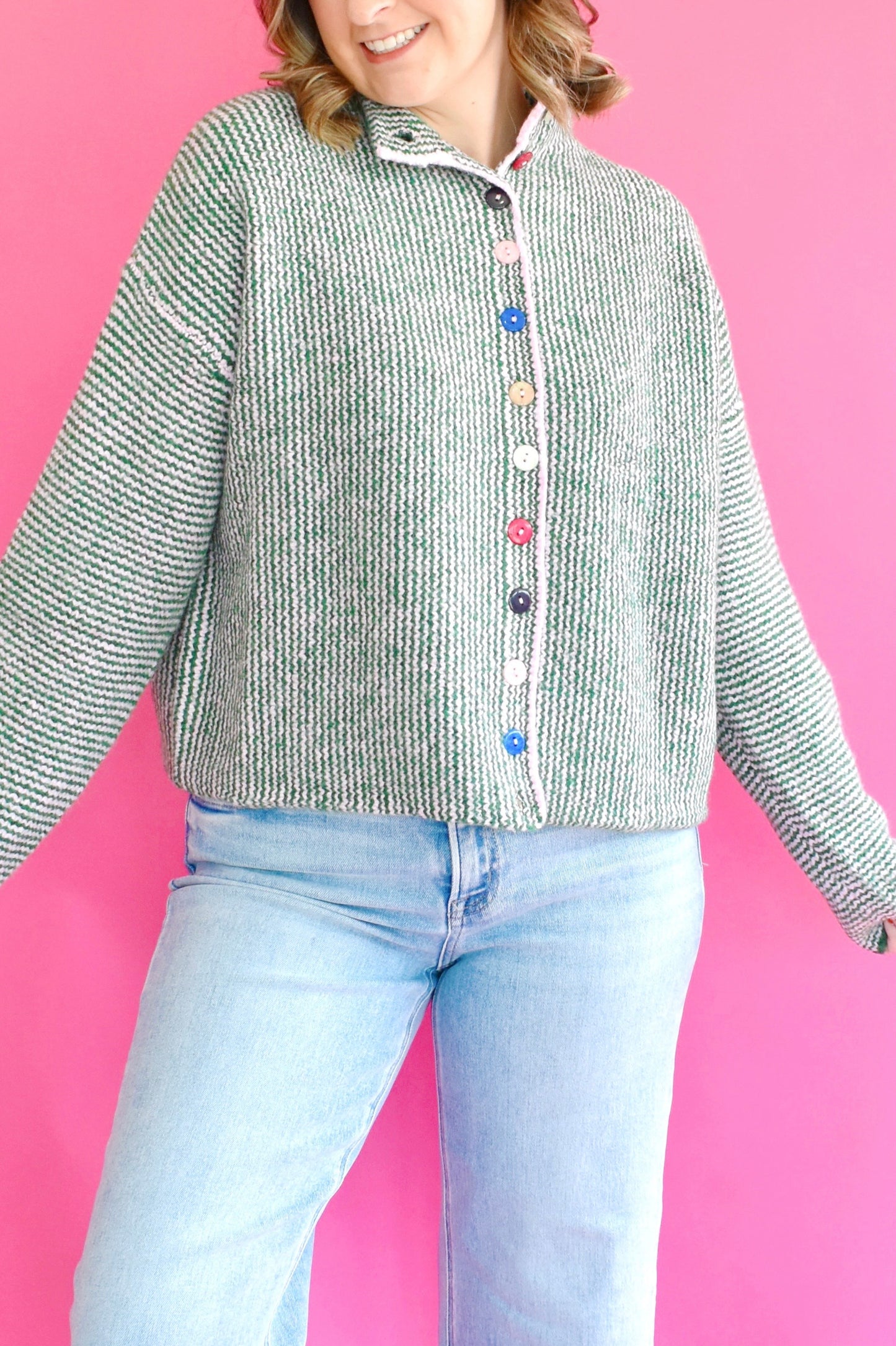 Green Pink Colorful Button Cardigan Sweater
