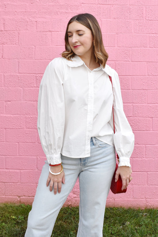 White Ruffle Collared Button Down