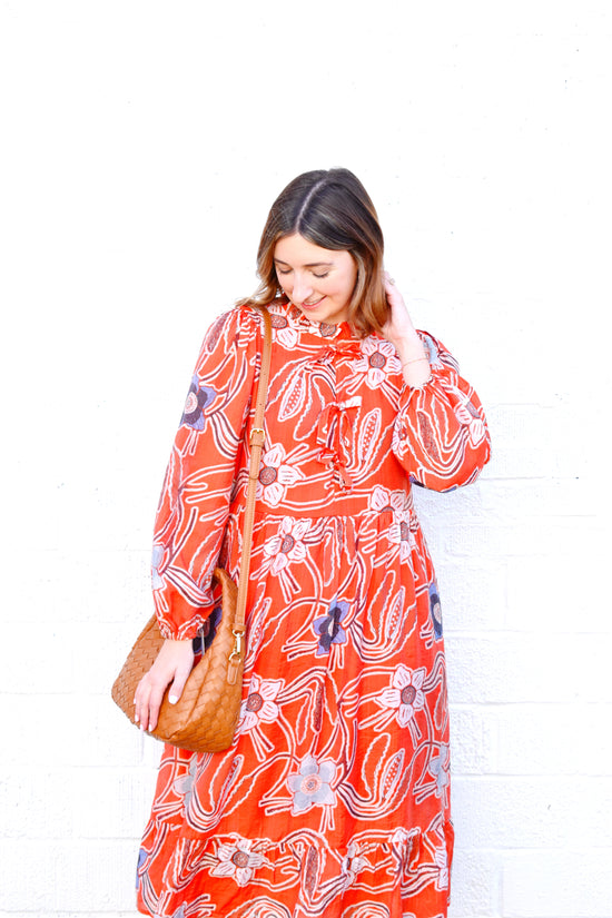 Autumn Orange Floral Midi Dress