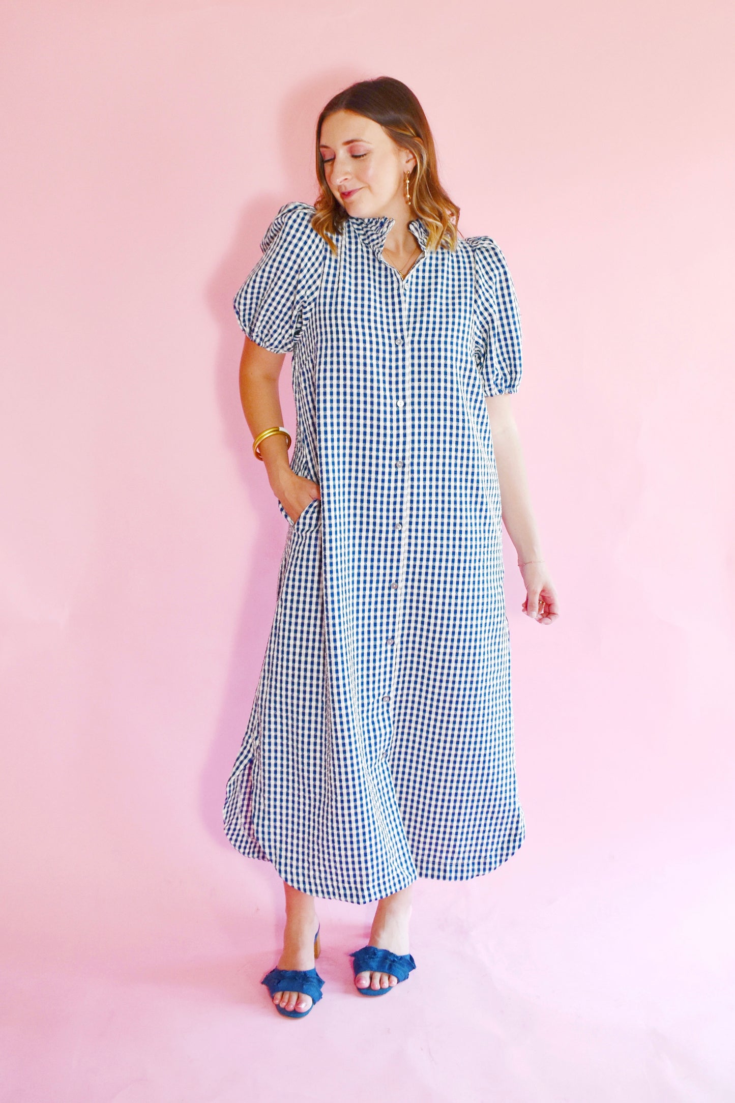 Navy Gingham Button Down Midi Dress