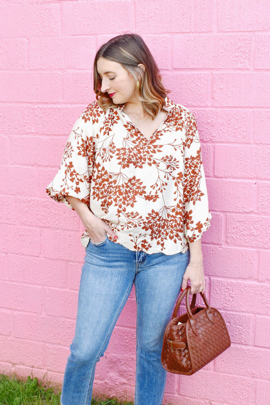 Caramel Cherry Blossom Print Scallop Hem Blouse