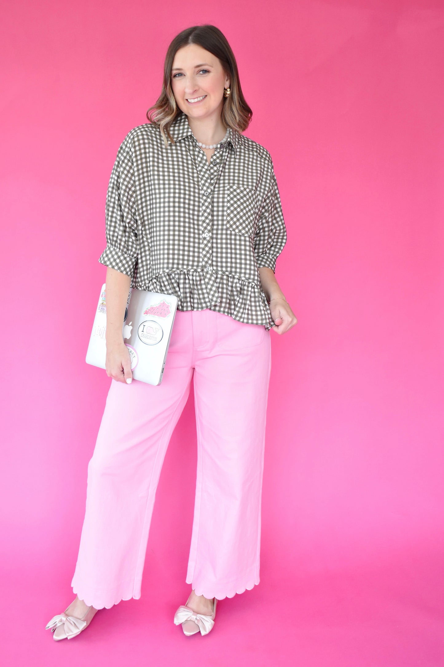 Olive Gingham Ruffle Hem Button Down Top
