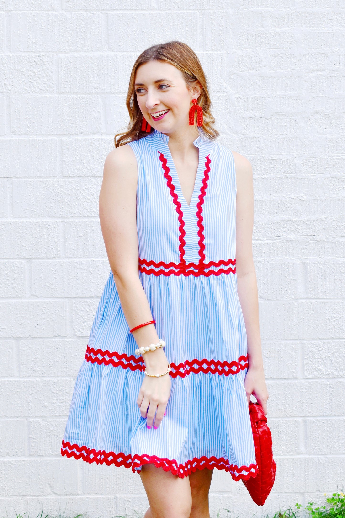 Blue Striped Red Ric Rac Dress – Confetti Boutique