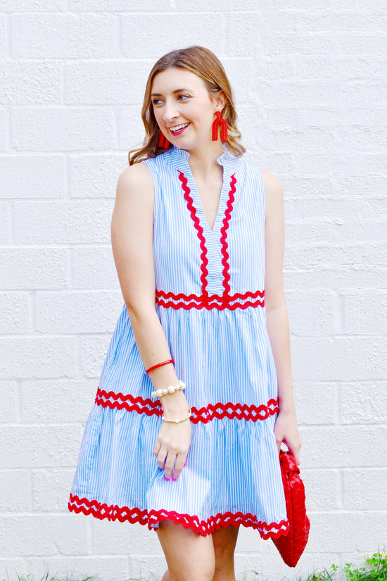 red and blue striped dress Hayes Striped Bubble Micro Mini Dress - Navy/Red