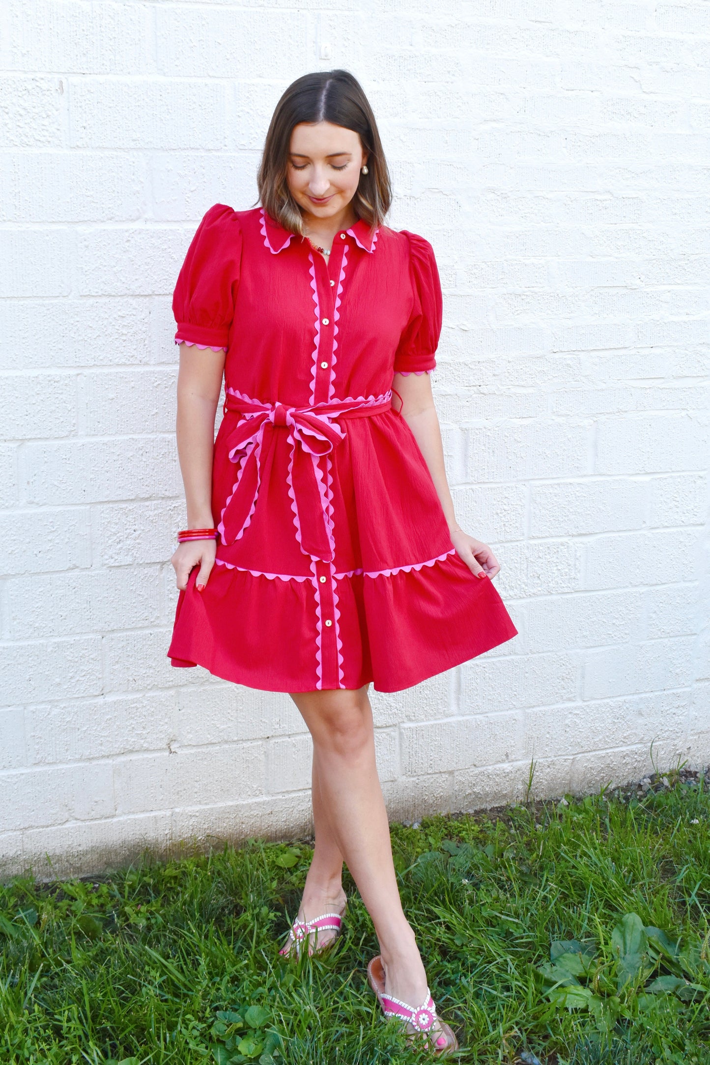 Red Pink Ric Rac Tie Waist Dress