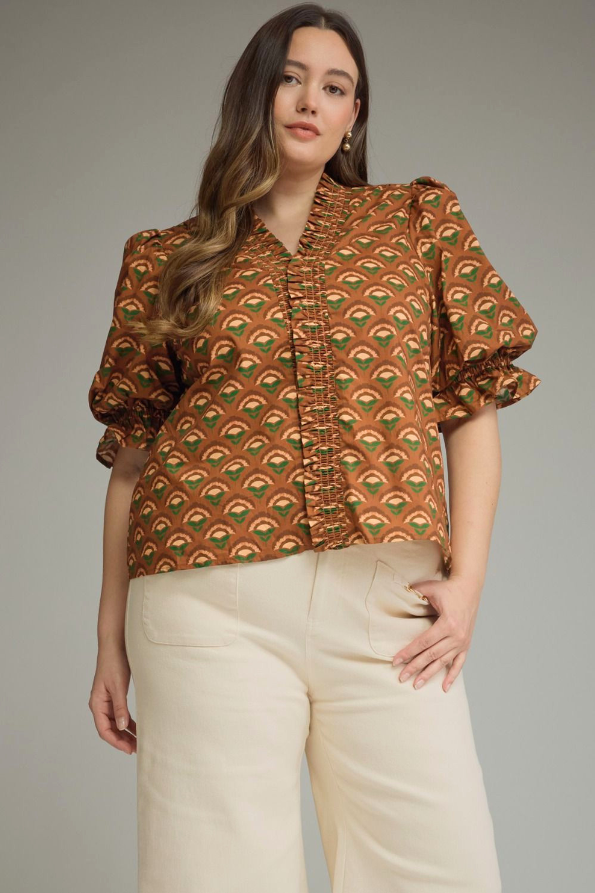 Plus Brown Floral Block Print Blouse