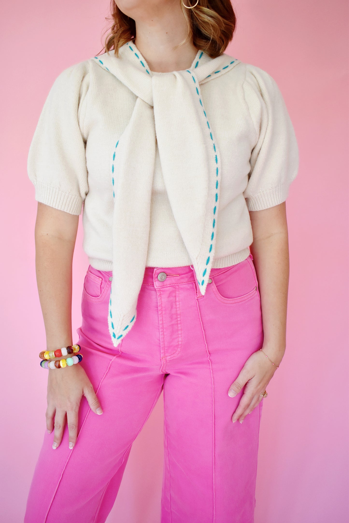Ecru Aqua Stitch Tie Neck Sweater