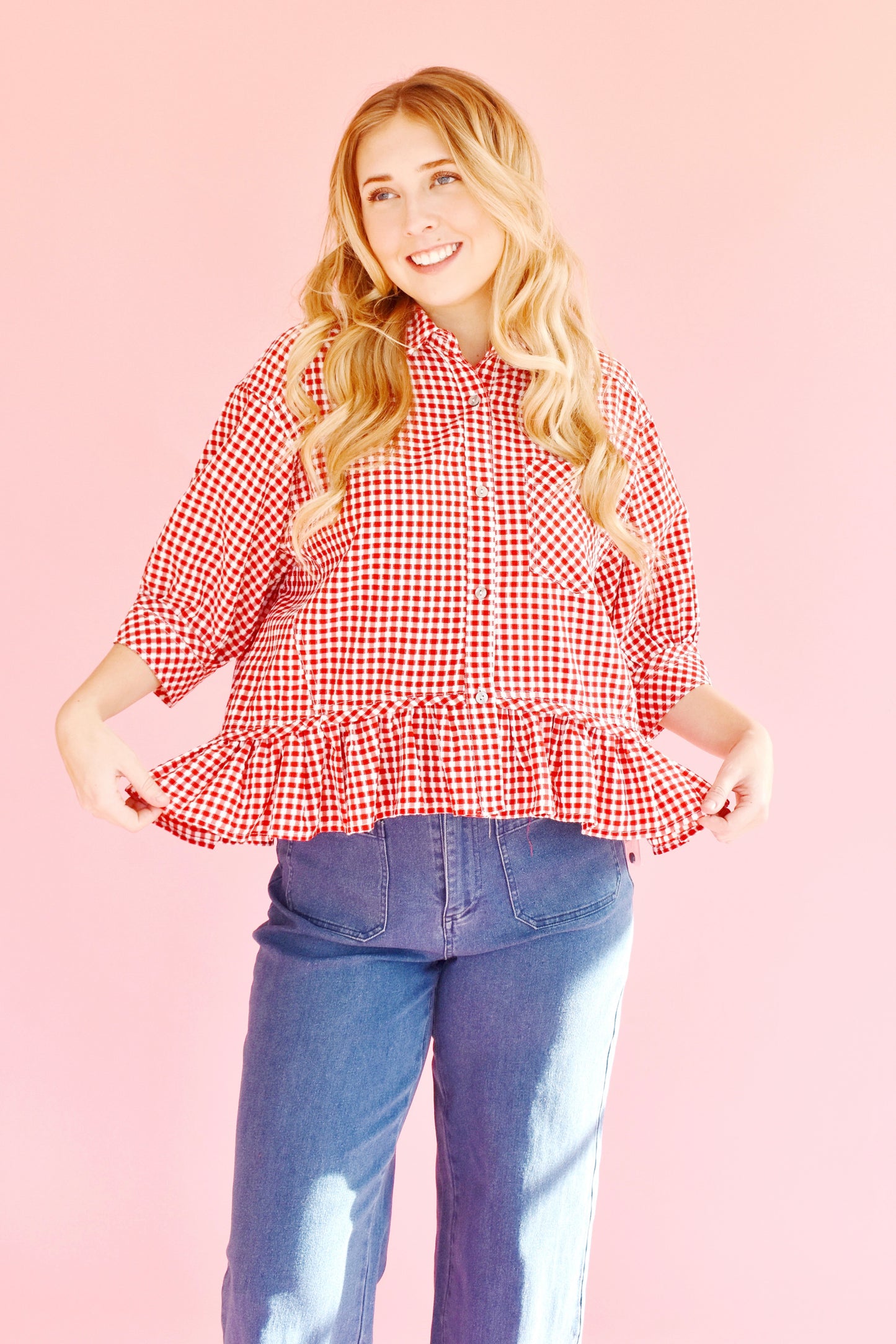 Red Gingham Button Down Ruffle Hem Top