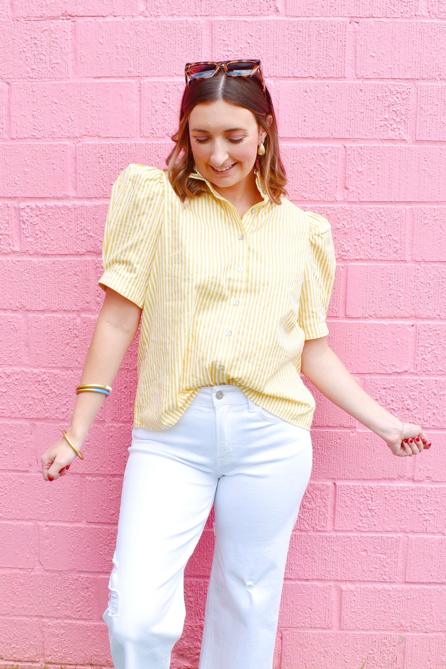 Lemon Striped Button Down Blouse