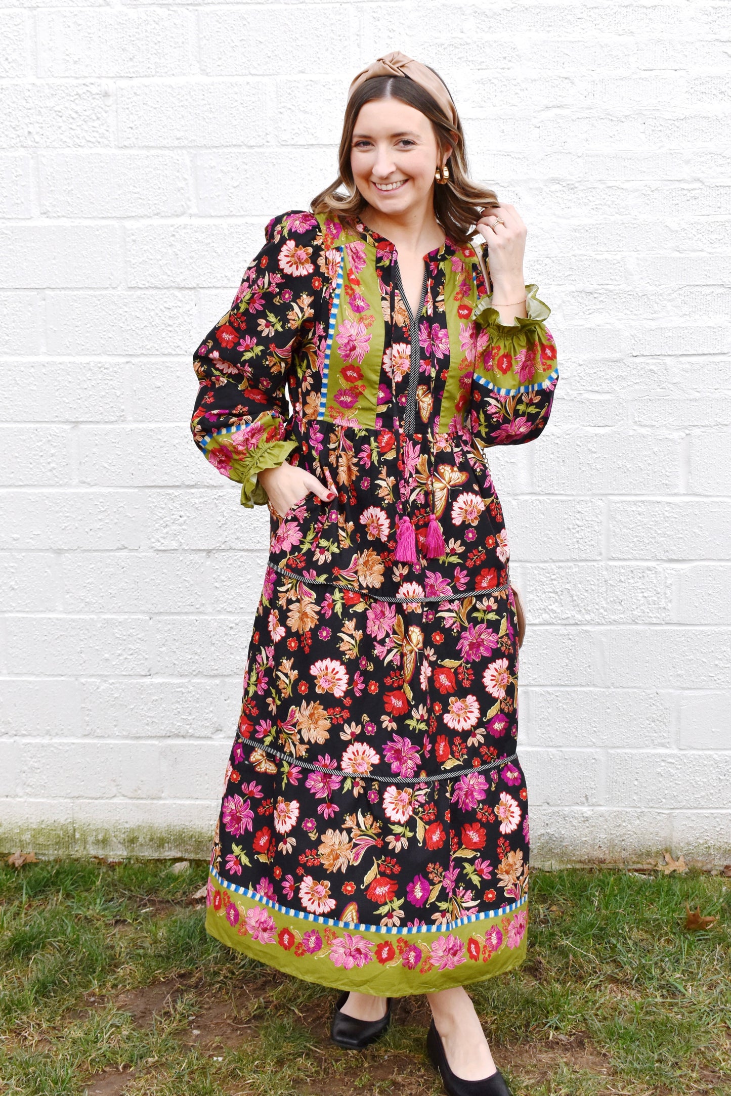 Black Floral Border Midi Dress