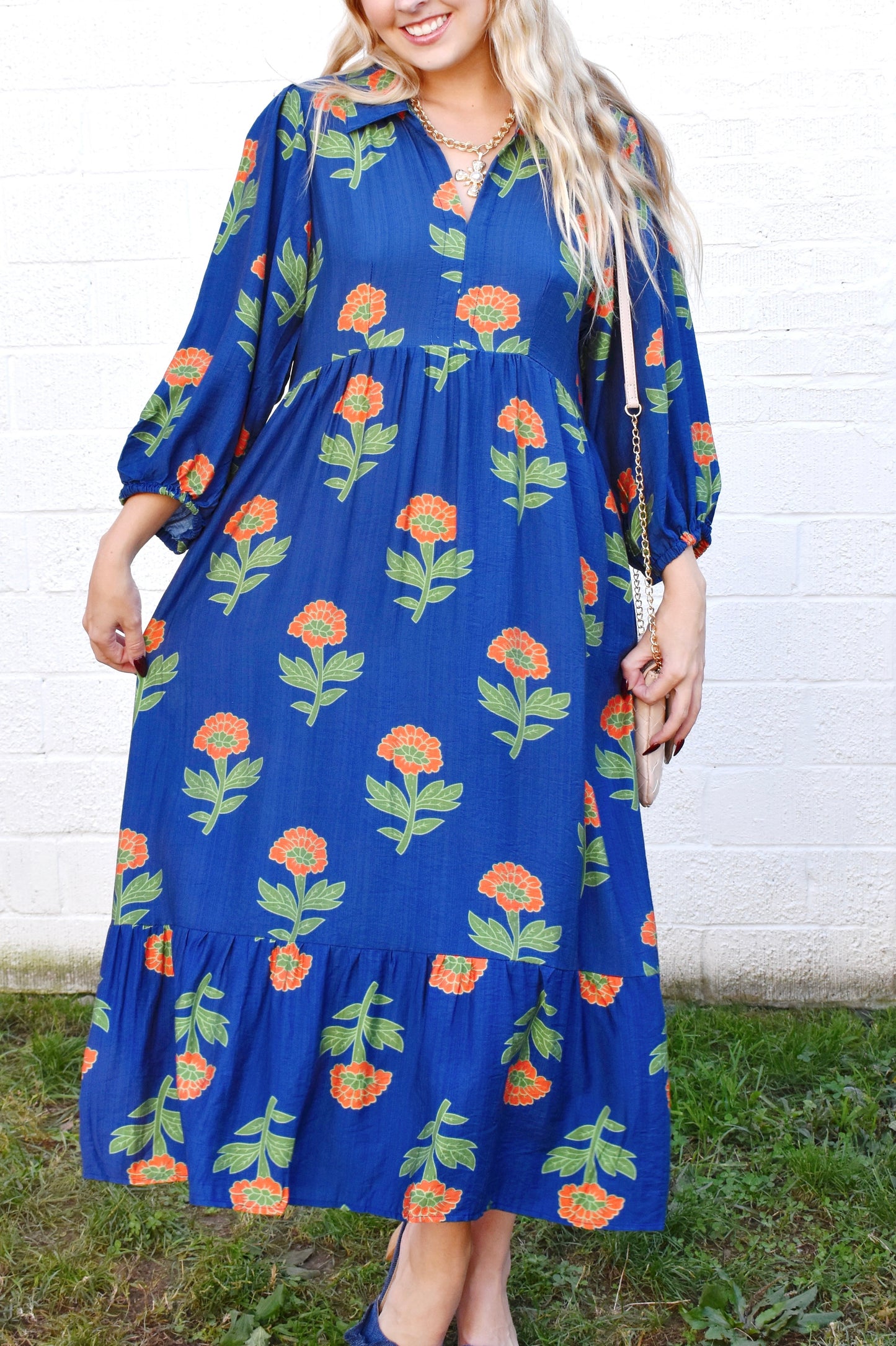 Navy Orange Flower Stem Midi Dress