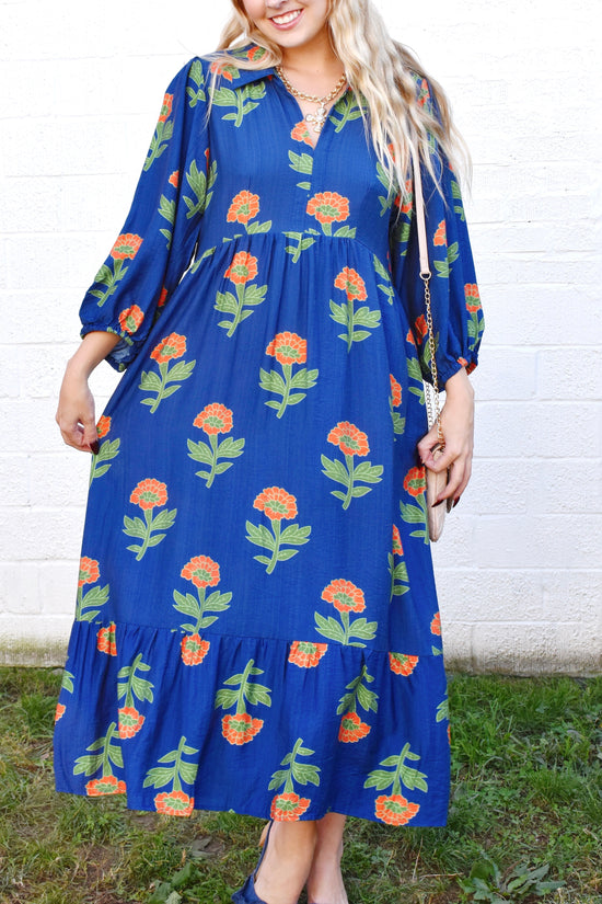 Navy Orange Flower Stem Midi Dress