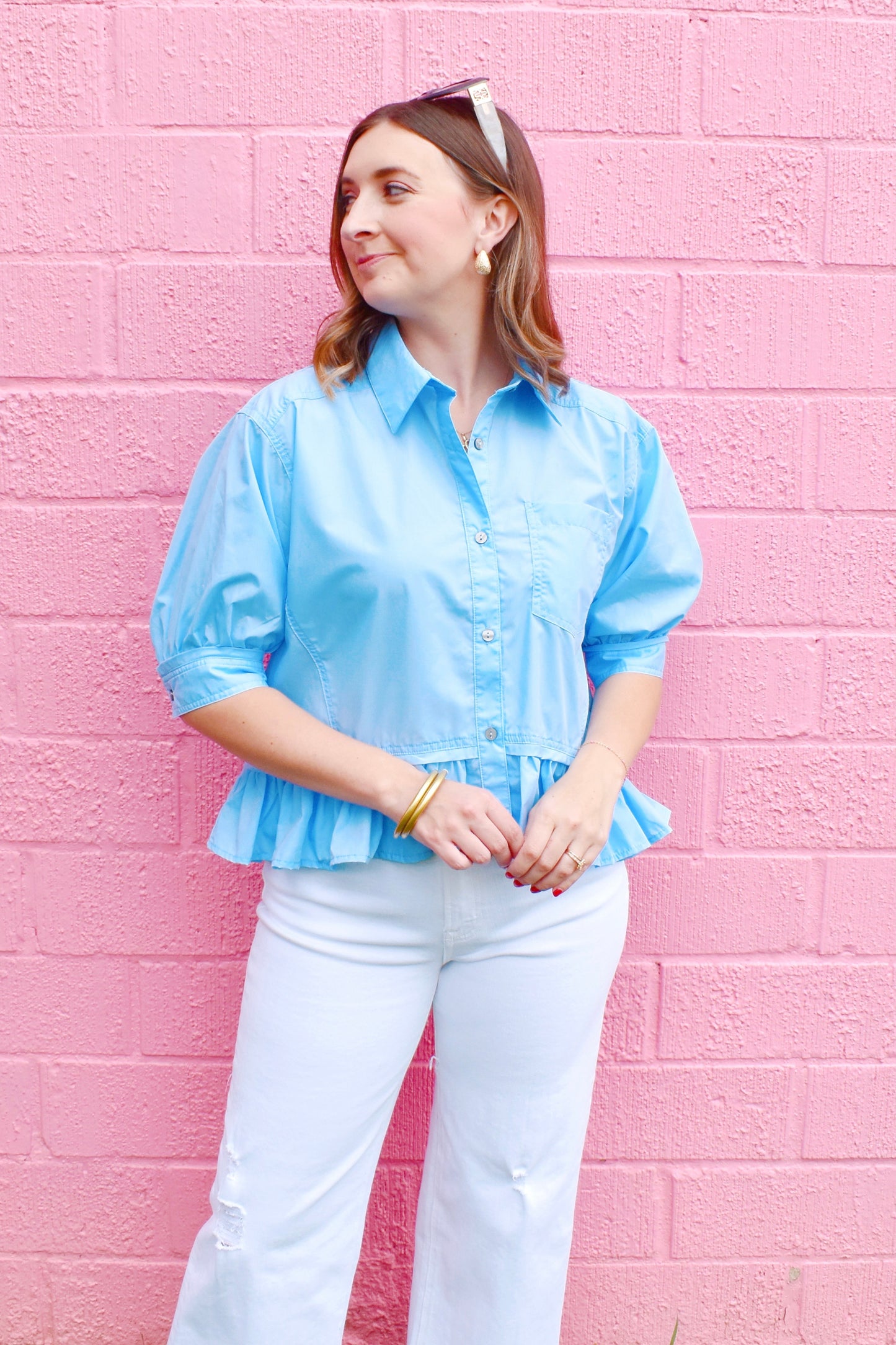 Blue Button Down Ruffle Hem Top