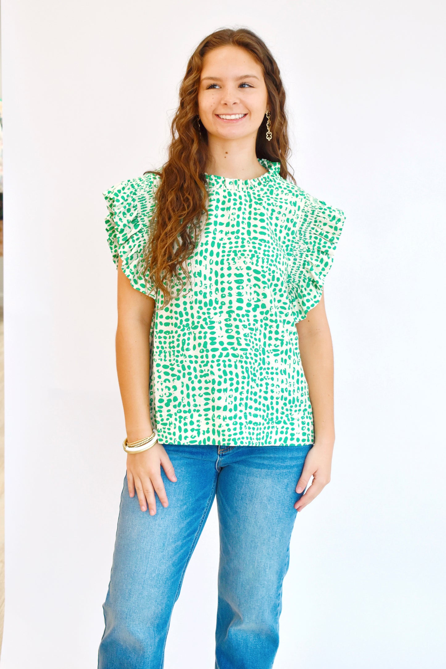 Green Spot Ruffle Cap Sleeve Blouse