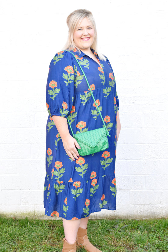 Plus Navy Orange Flower Stem Midi Dress