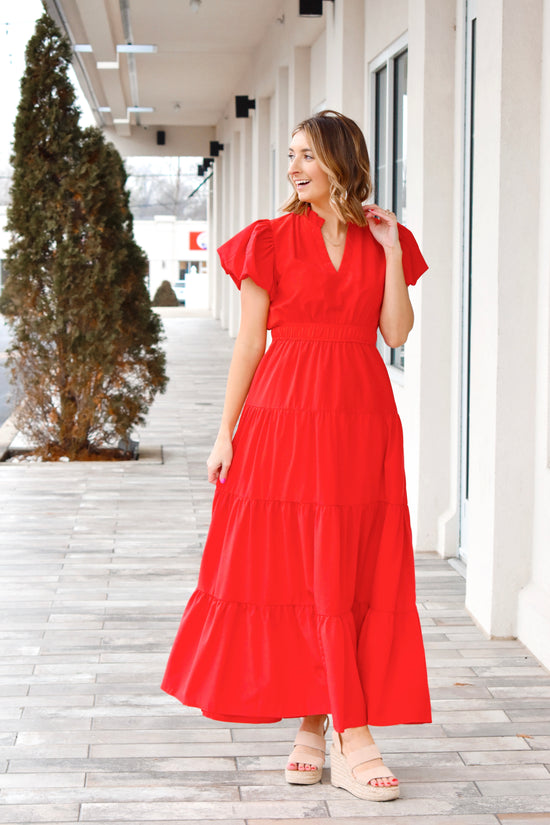 Load image into Gallery viewer, Lady In Red Puff Sleeve Midi Dress
