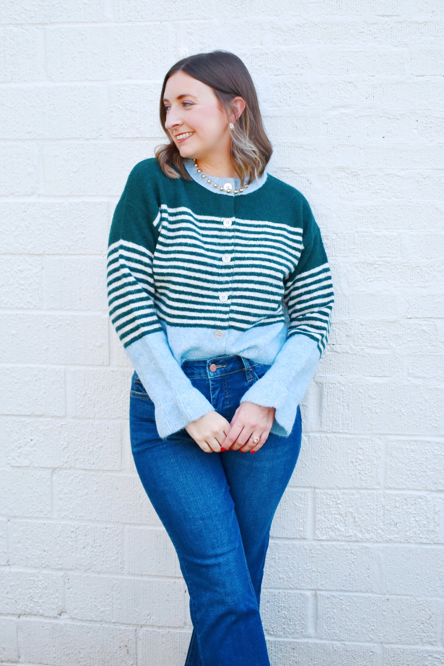 Hunter Striped Ruffle Cuff Button Cardigan