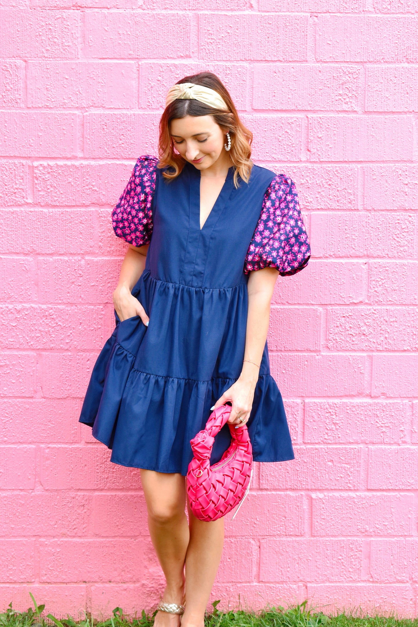 Navy Fuchsia Jacquard Sleeve Dress