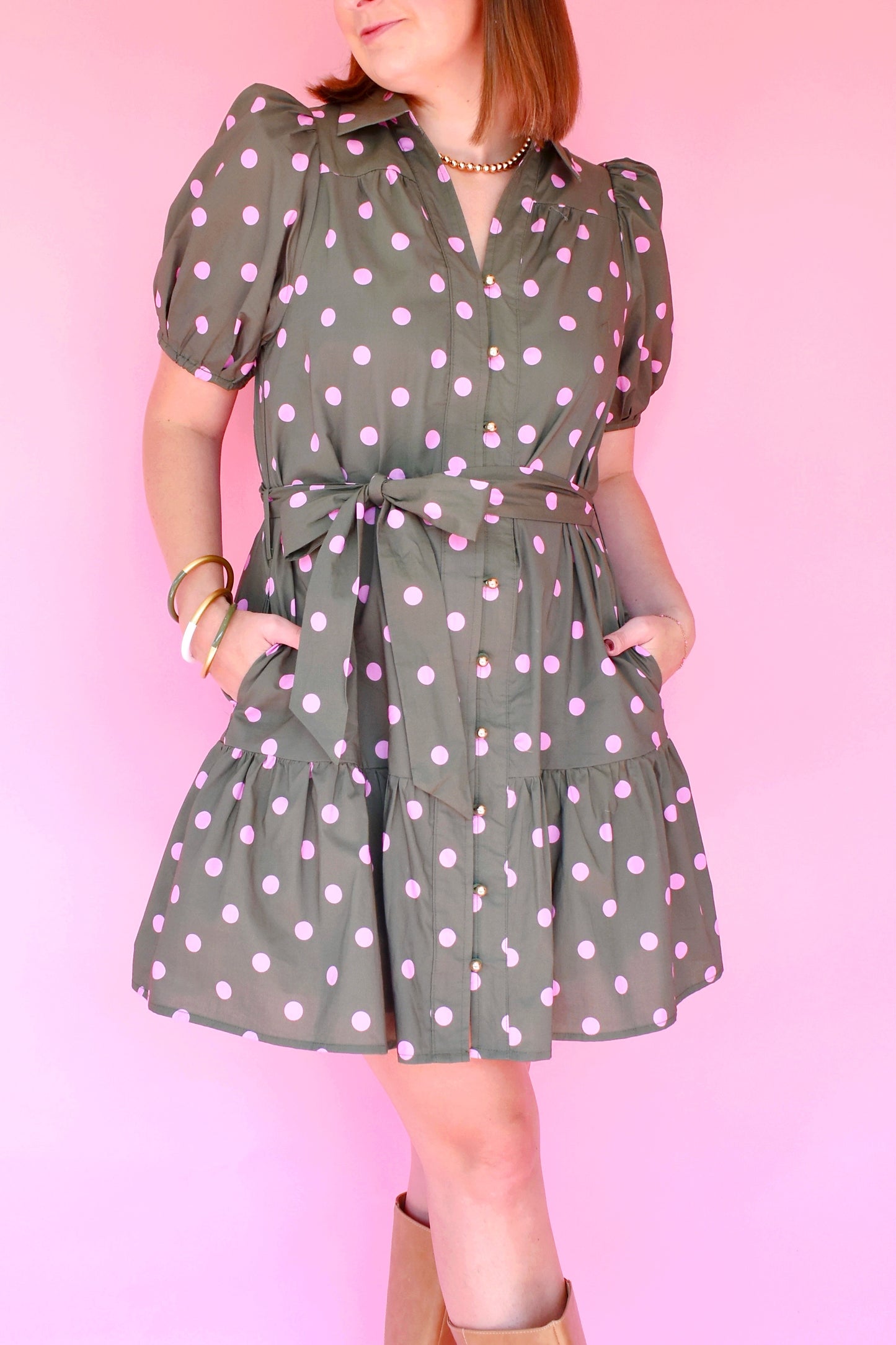 Olive Pink Polka Dot Belted Dress