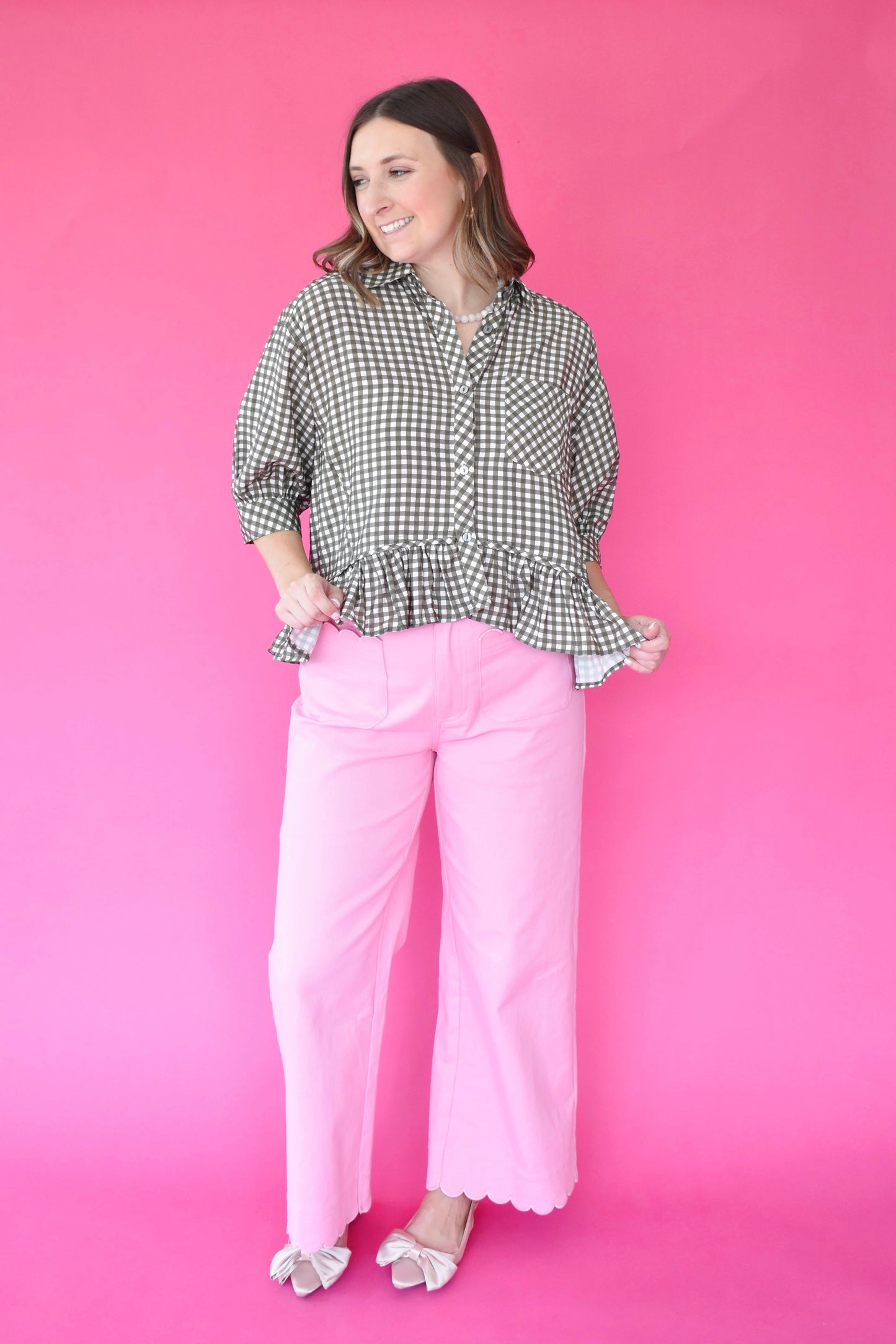 Olive Gingham Ruffle Hem Button Down Top