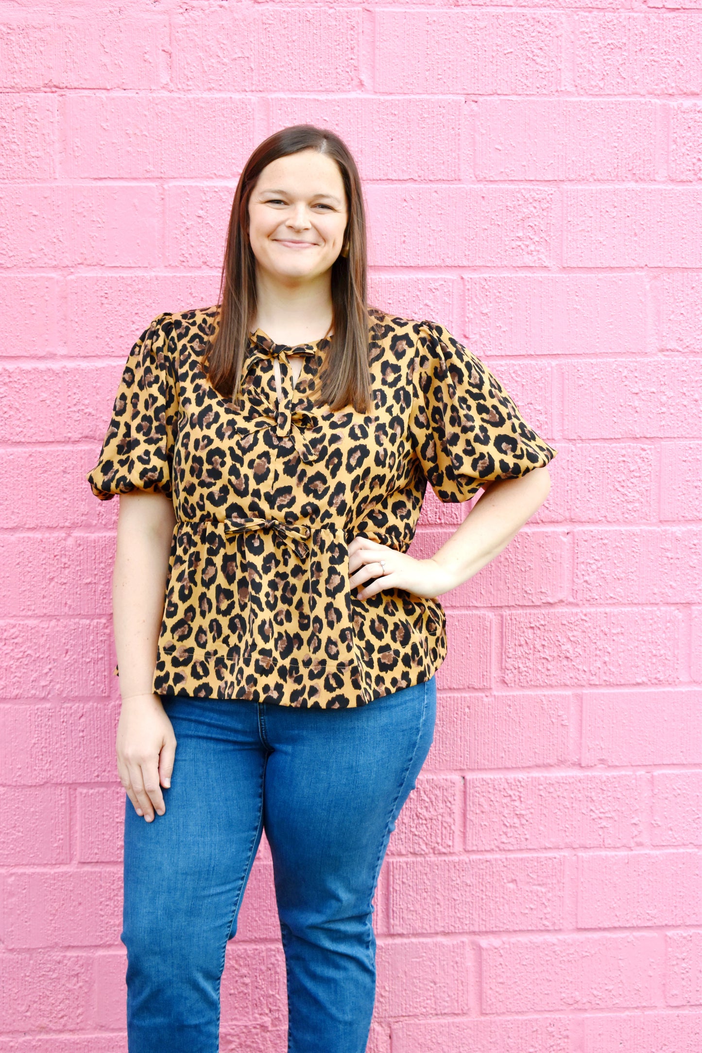 Plus Leopard Print Bow Front Blouse