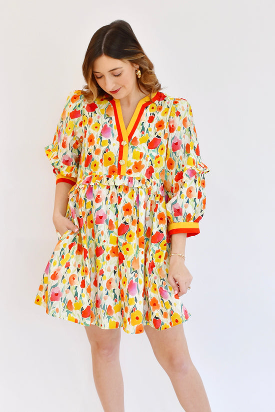 Sunset Floral Contrast Trim Babydoll Dress