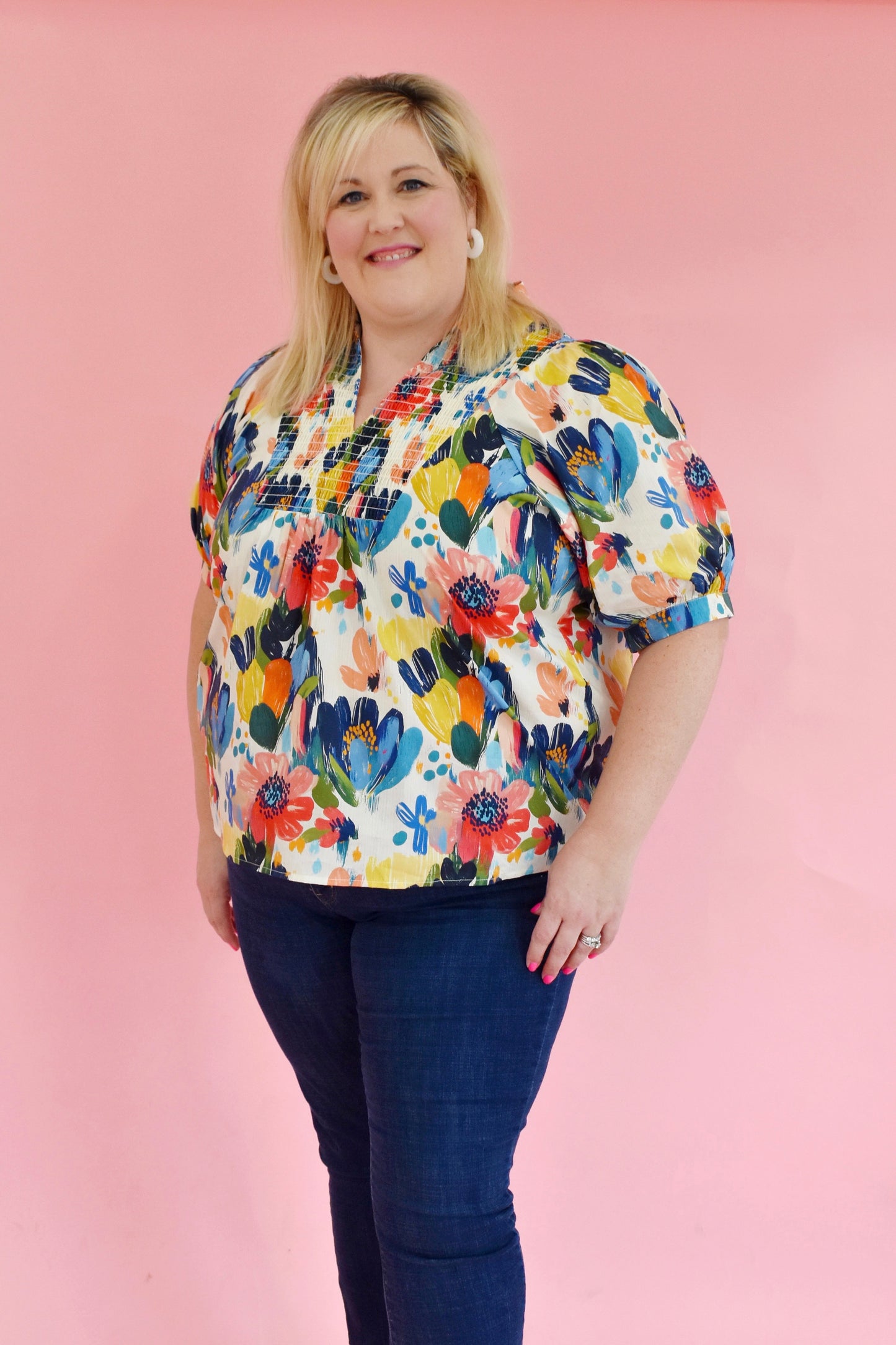 Plus Beautifully Bold Floral Babydoll Collared Top