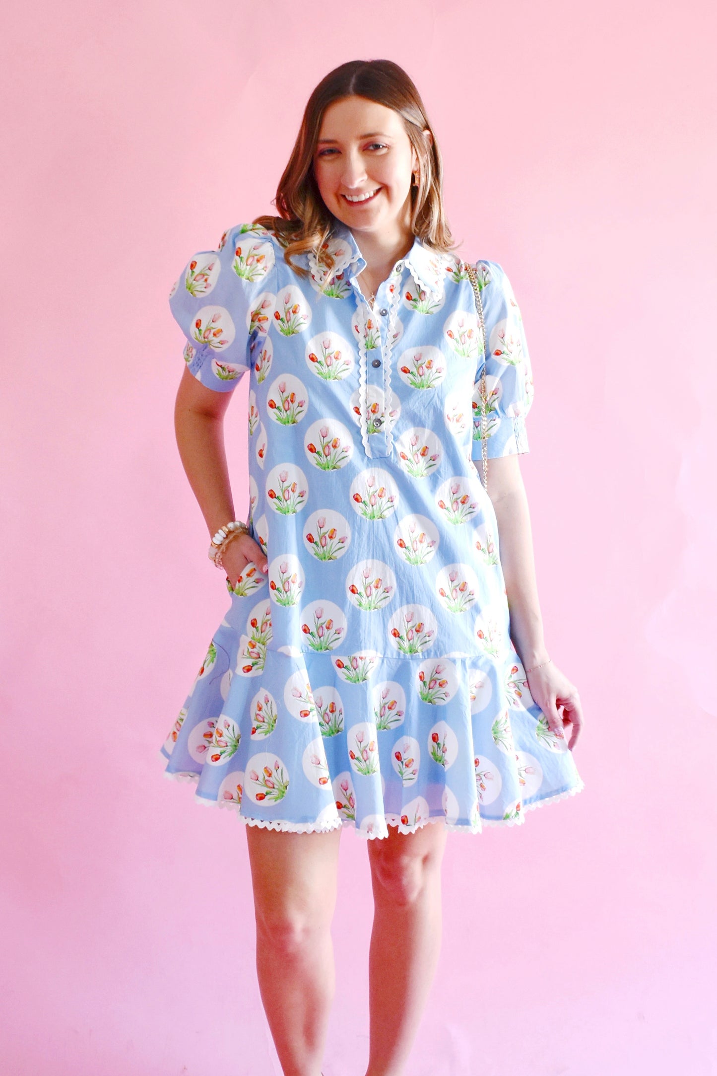 Blue Tulip Print Collared Drop Waist Dress
