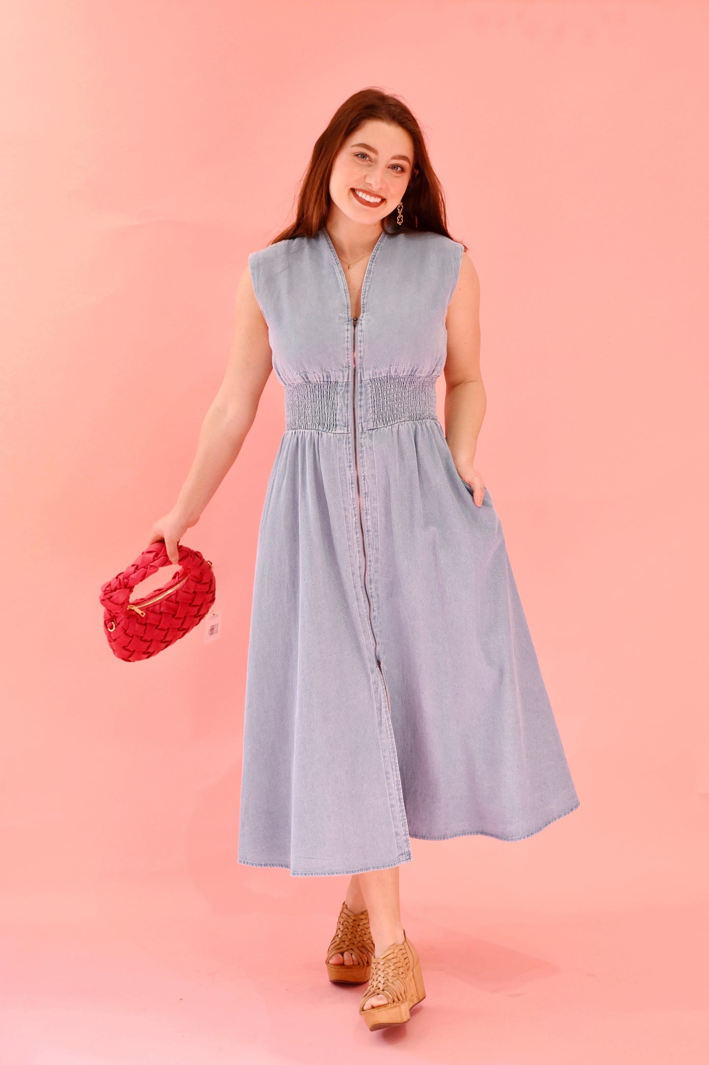 Denim Zip Up Midi Dress