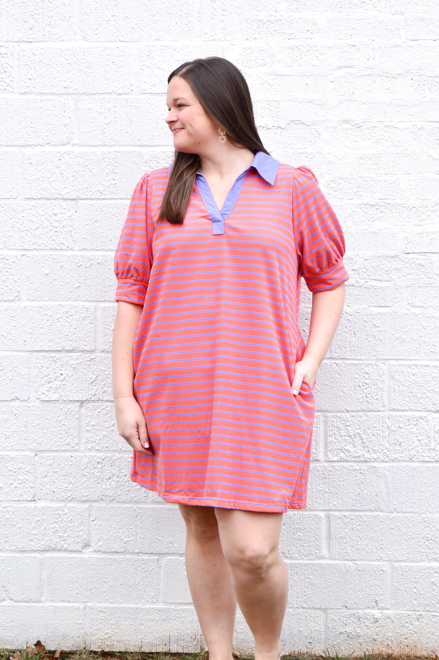 Plus Grapefruit Striped Collared Dress