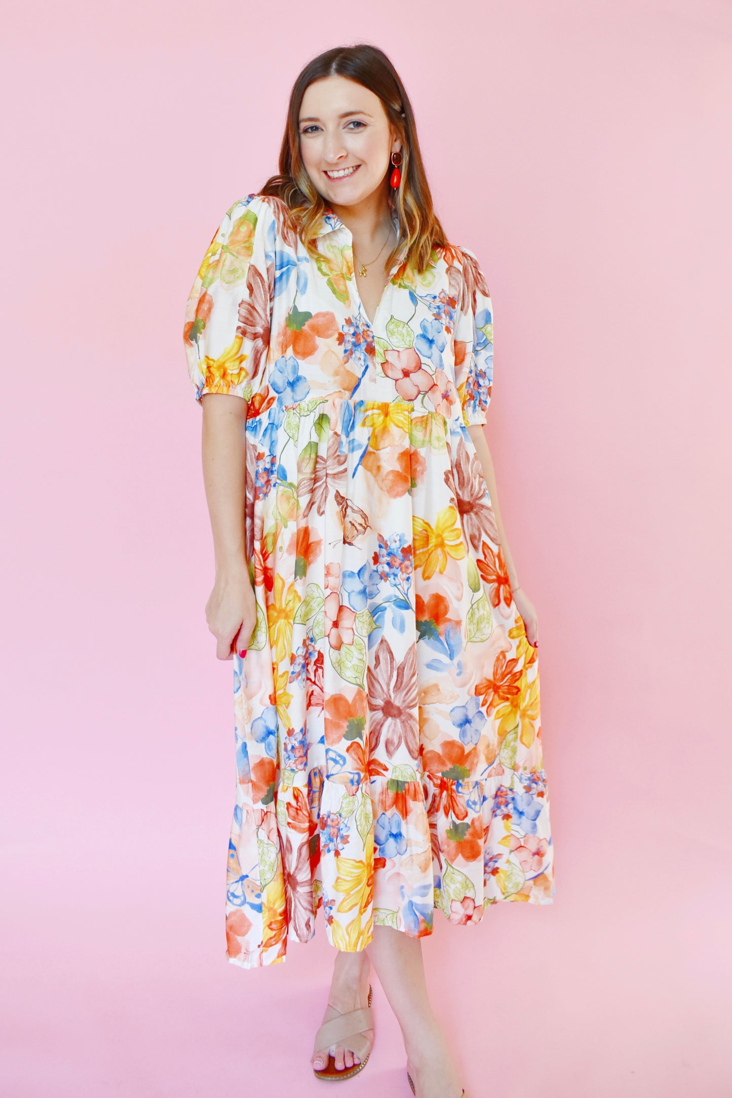 Watercolor Multi Floral Collared Midi Dress