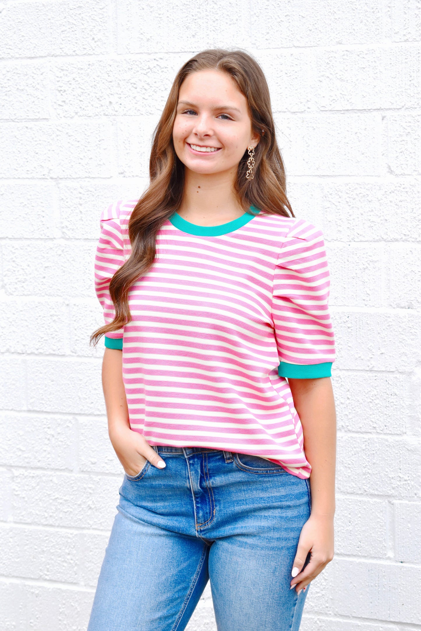 Pink Stripe Green Contrast Textured Top