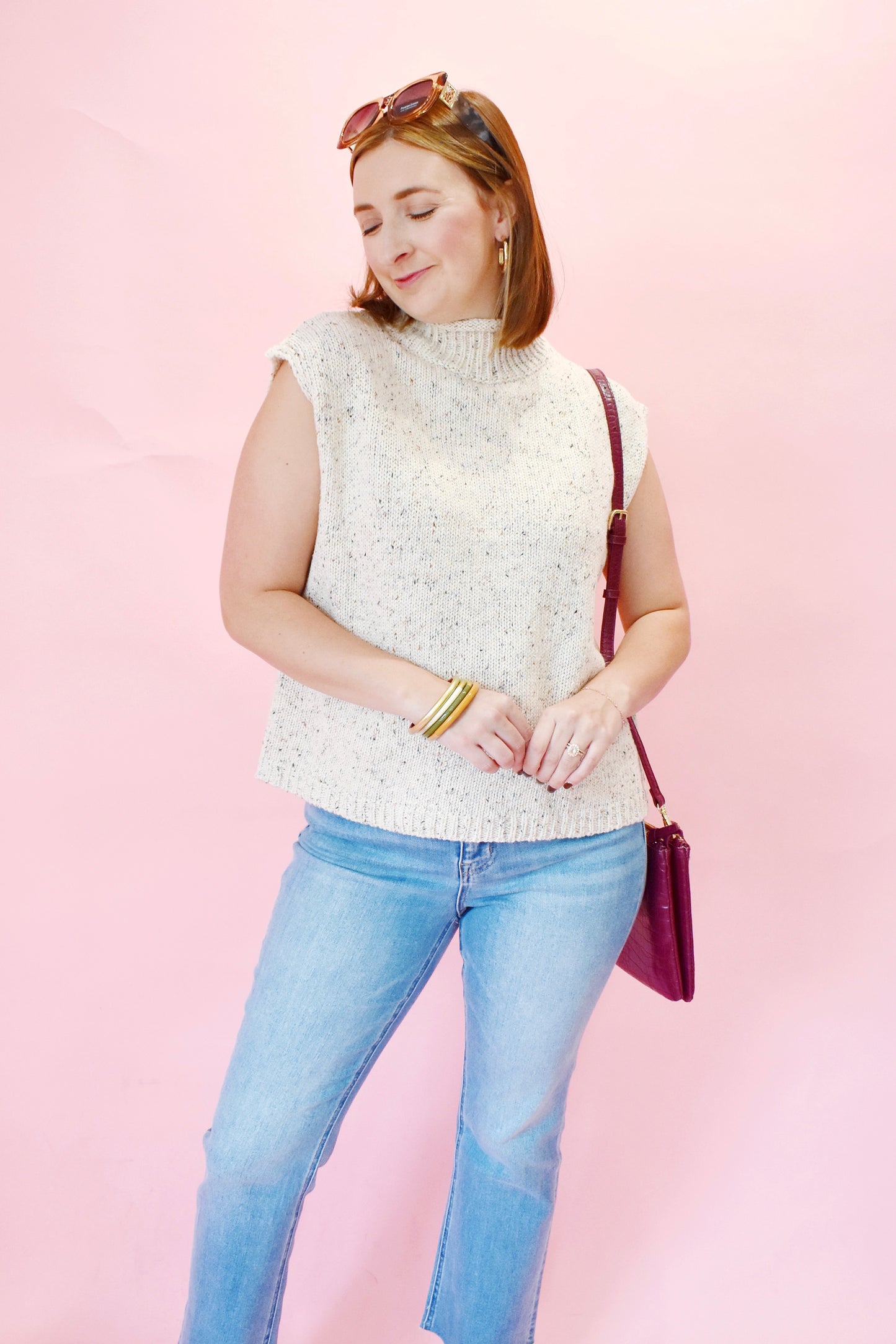 Oatmeal Mock Neck Speckled Short Sleeve Sweater