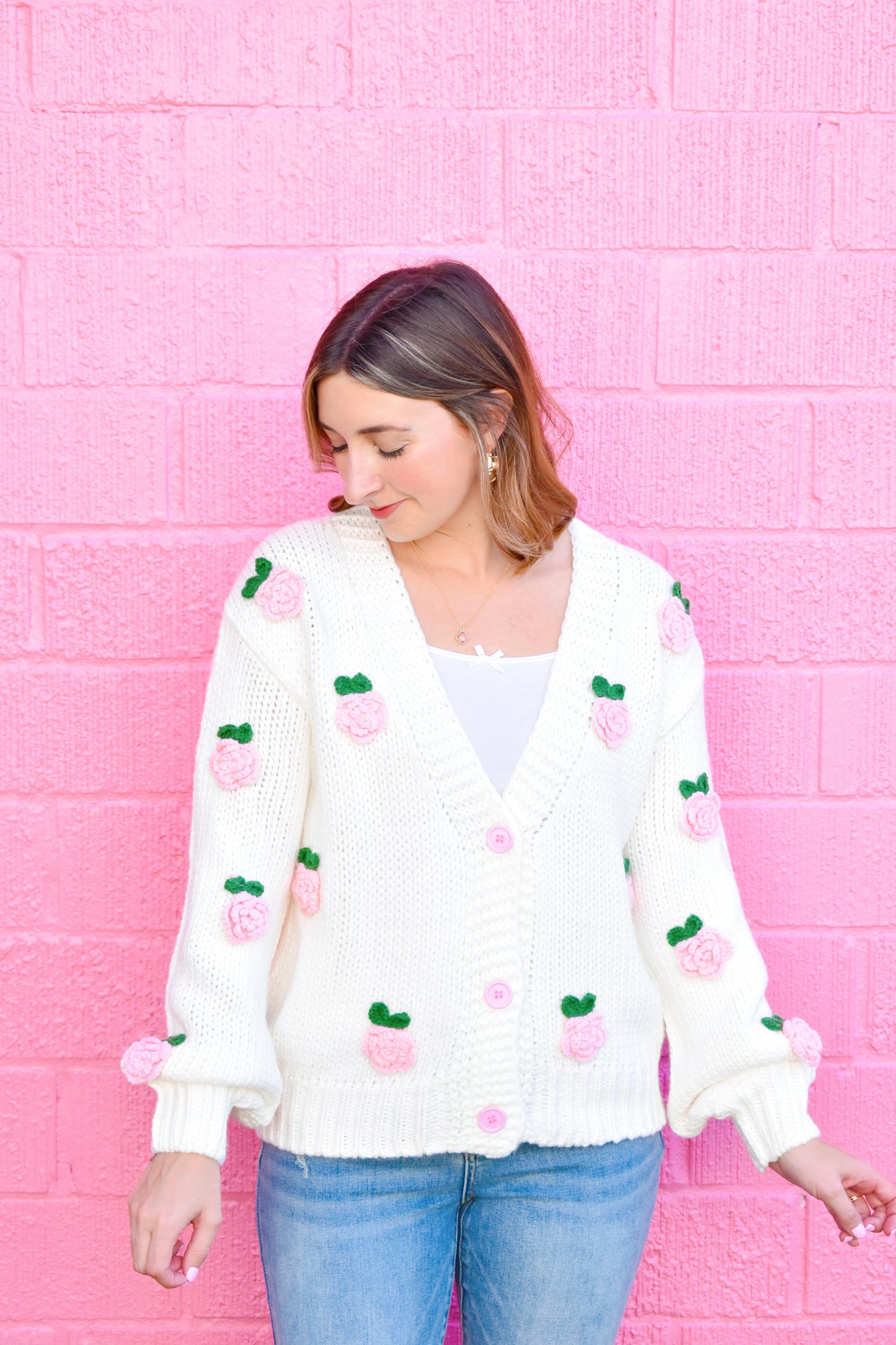 White Rosette Applique Cardigan Sweater