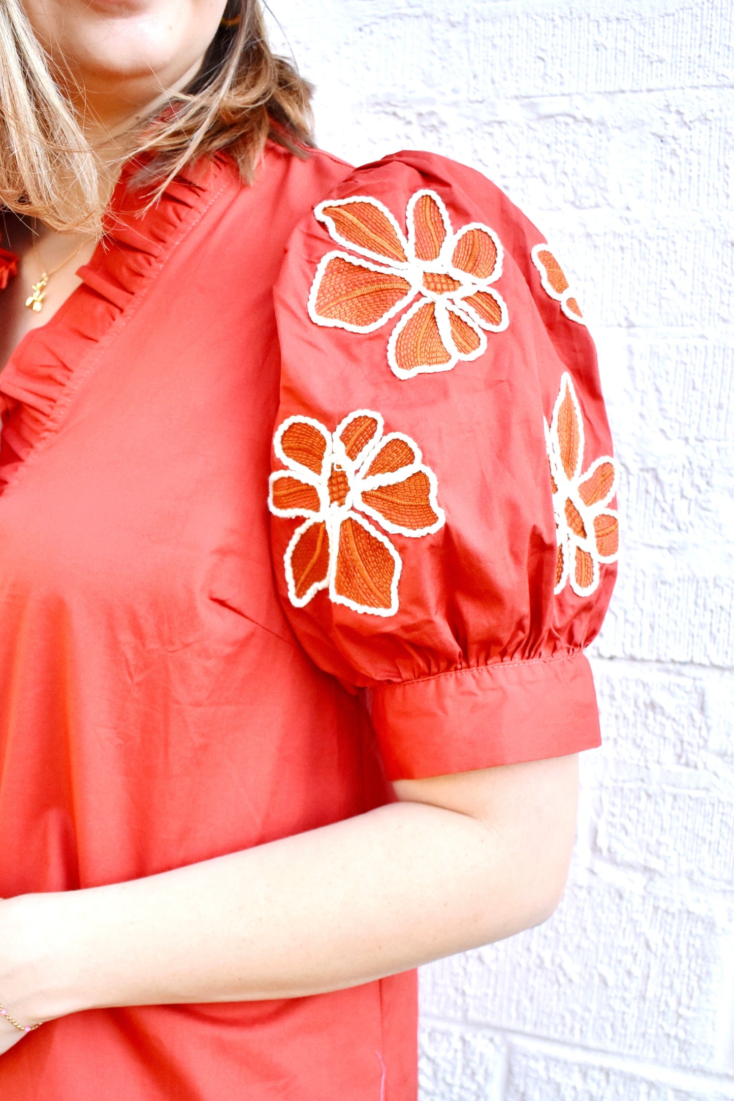 Spice Floral Embroidered Puff Sleeve Blouse