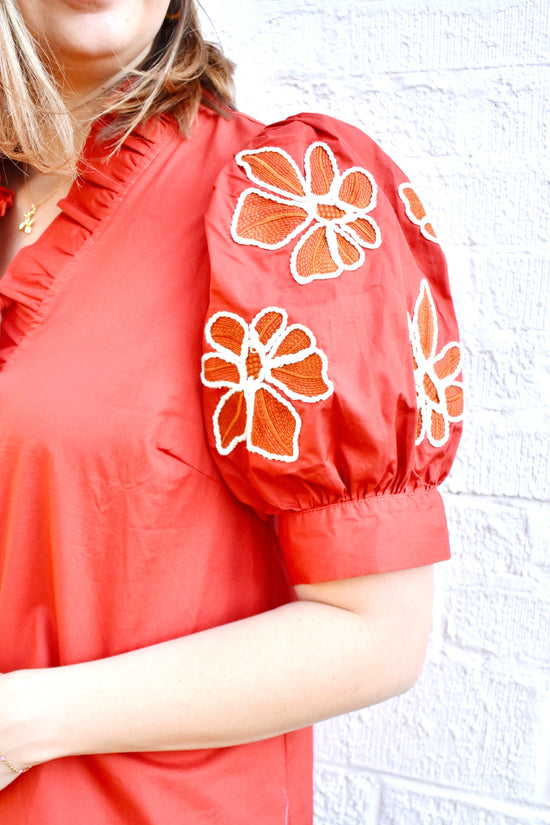 Spice Floral Embroidered Puff Sleeve Blouse