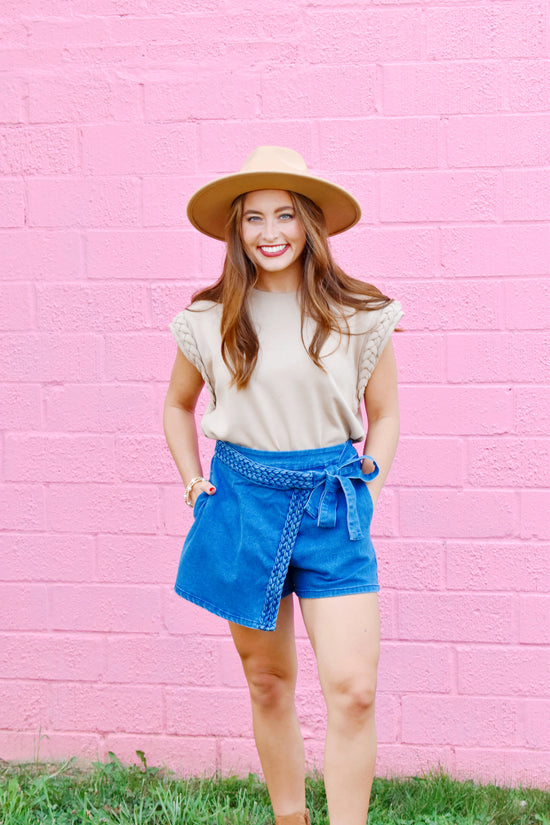 Taupe Braid Detail Cap Sleeve Top