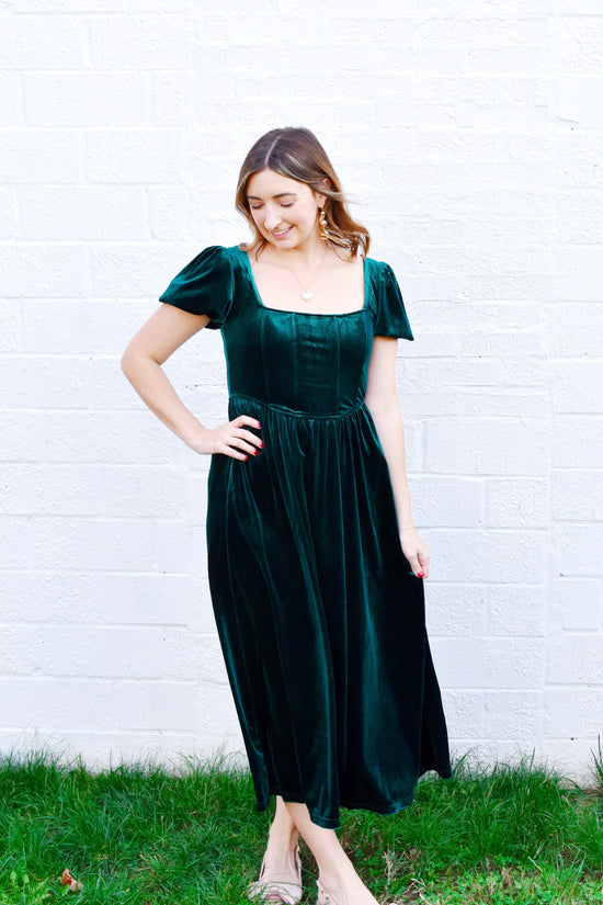 Green Velvet Puff Sleeve Midi Dress