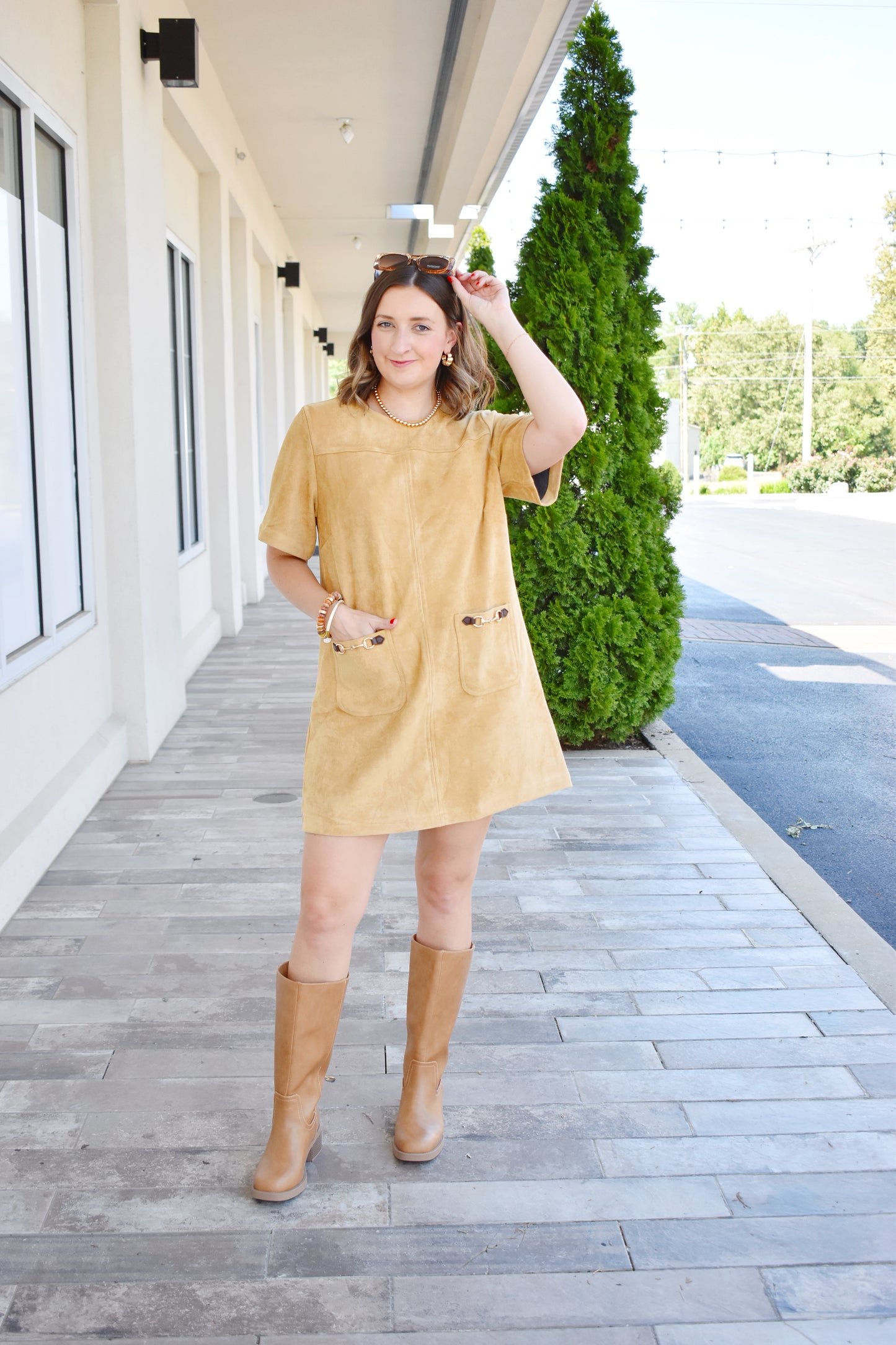Suede Horsebit Pocket Dress