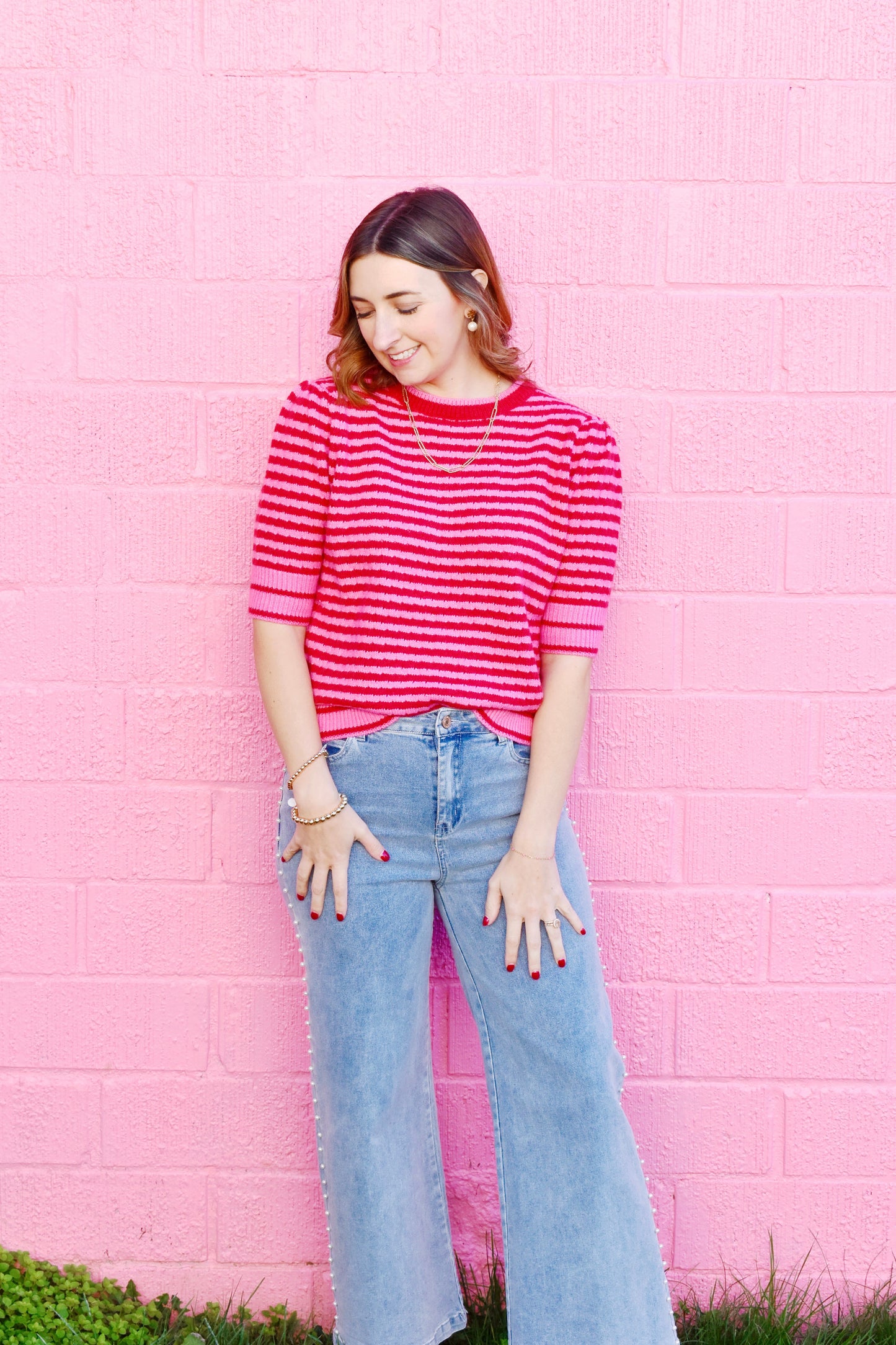 Pink & Red Striped Knit Sweater Top