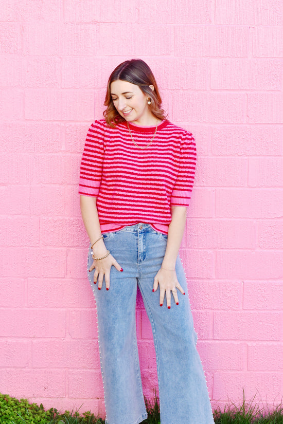 Pink & Red Striped Knit Sweater Top