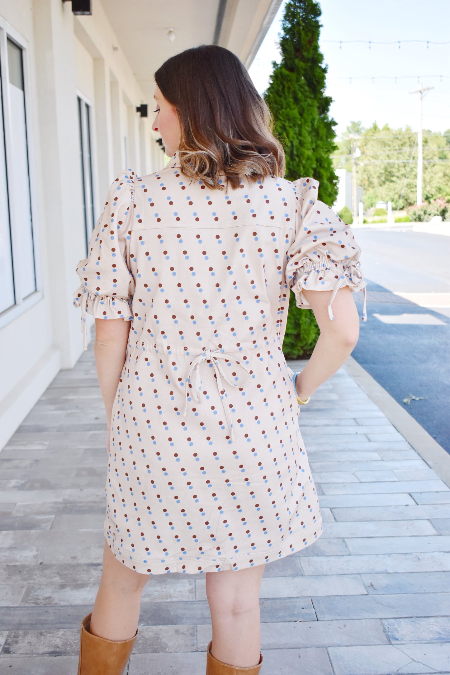 Ecru Denim Brown & Blue Polka Dot Dress