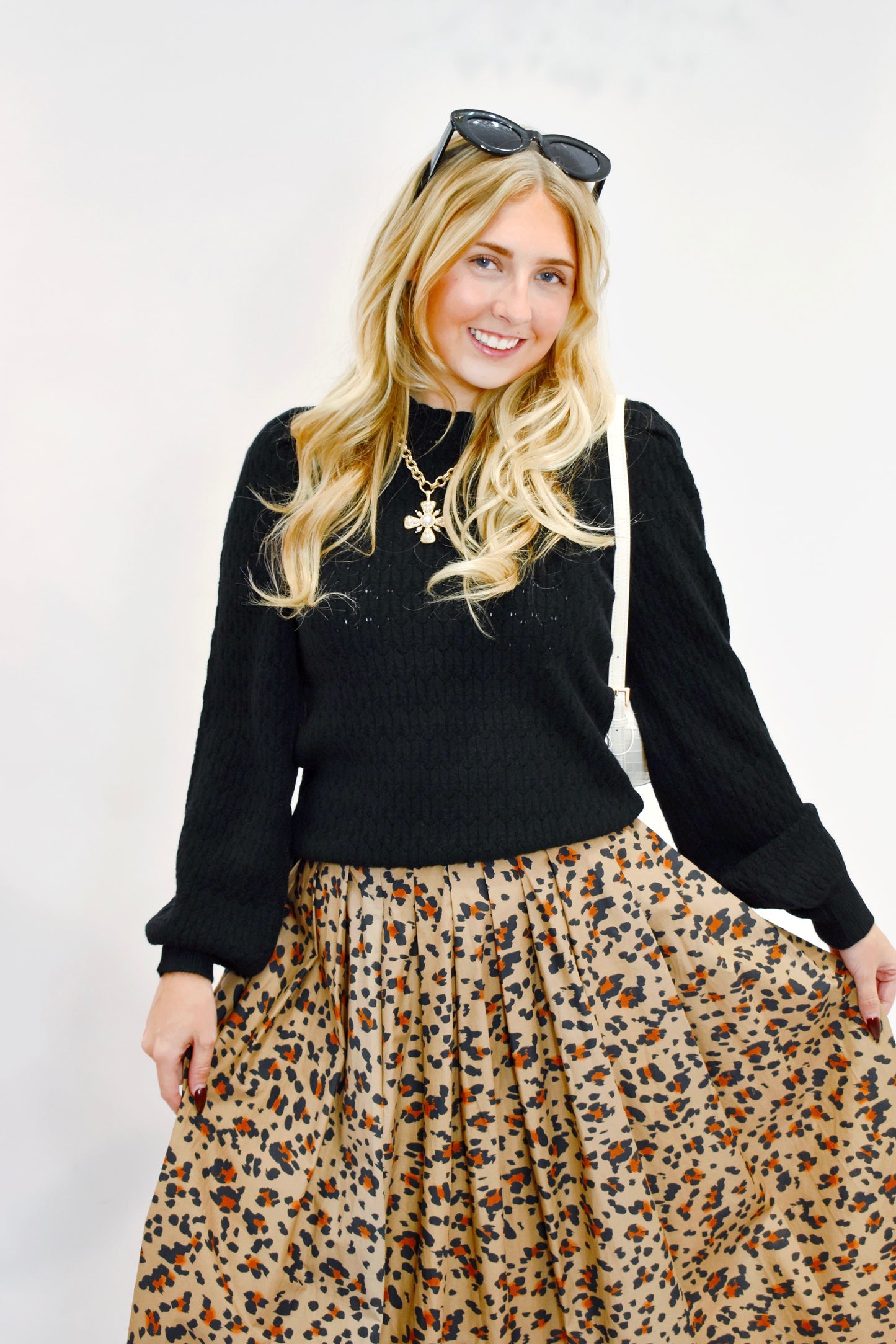 Black Puff Sleeve Pointelle Sweater