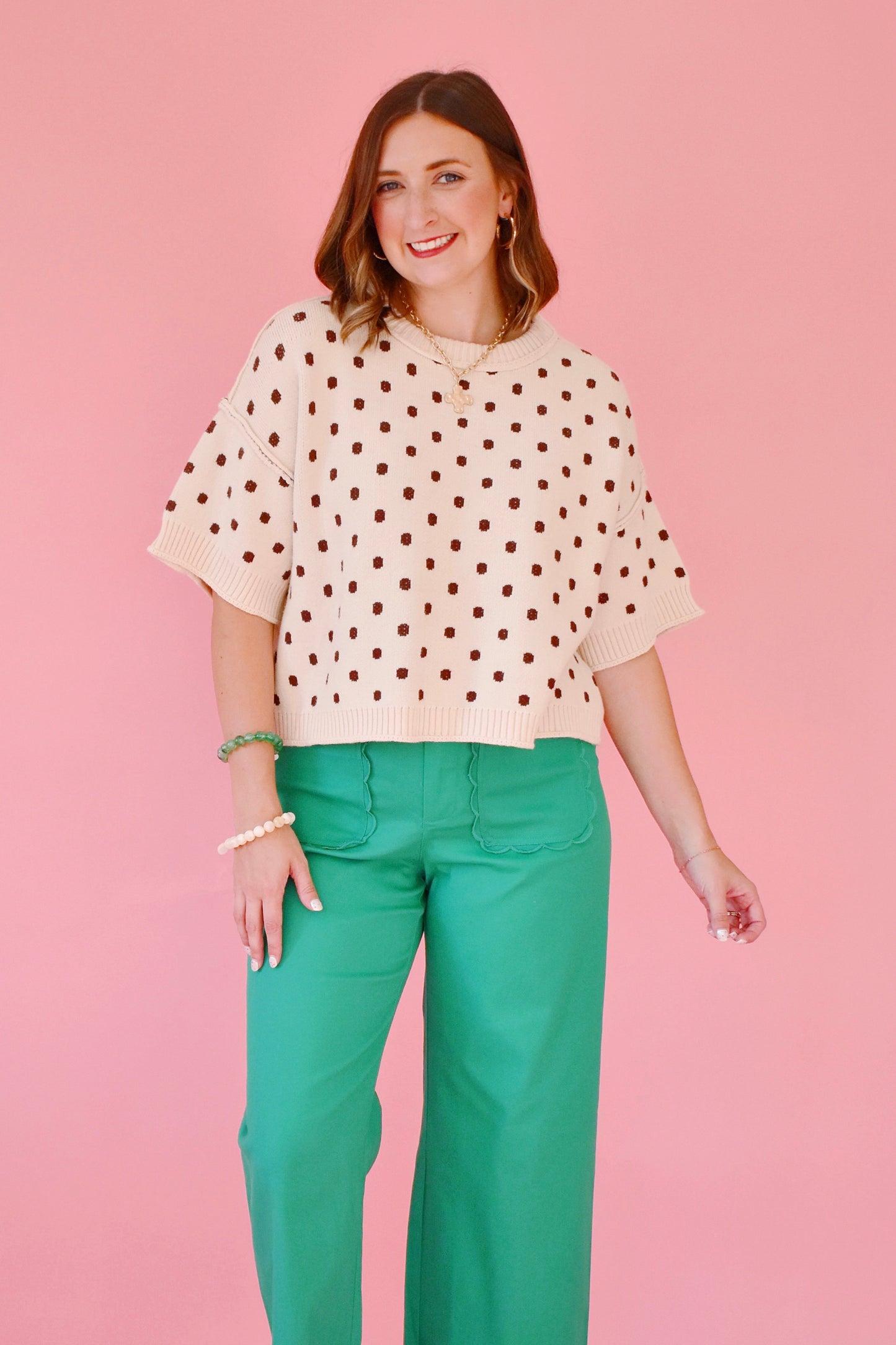 Ecru Mocha Polka Dot Sweater Top