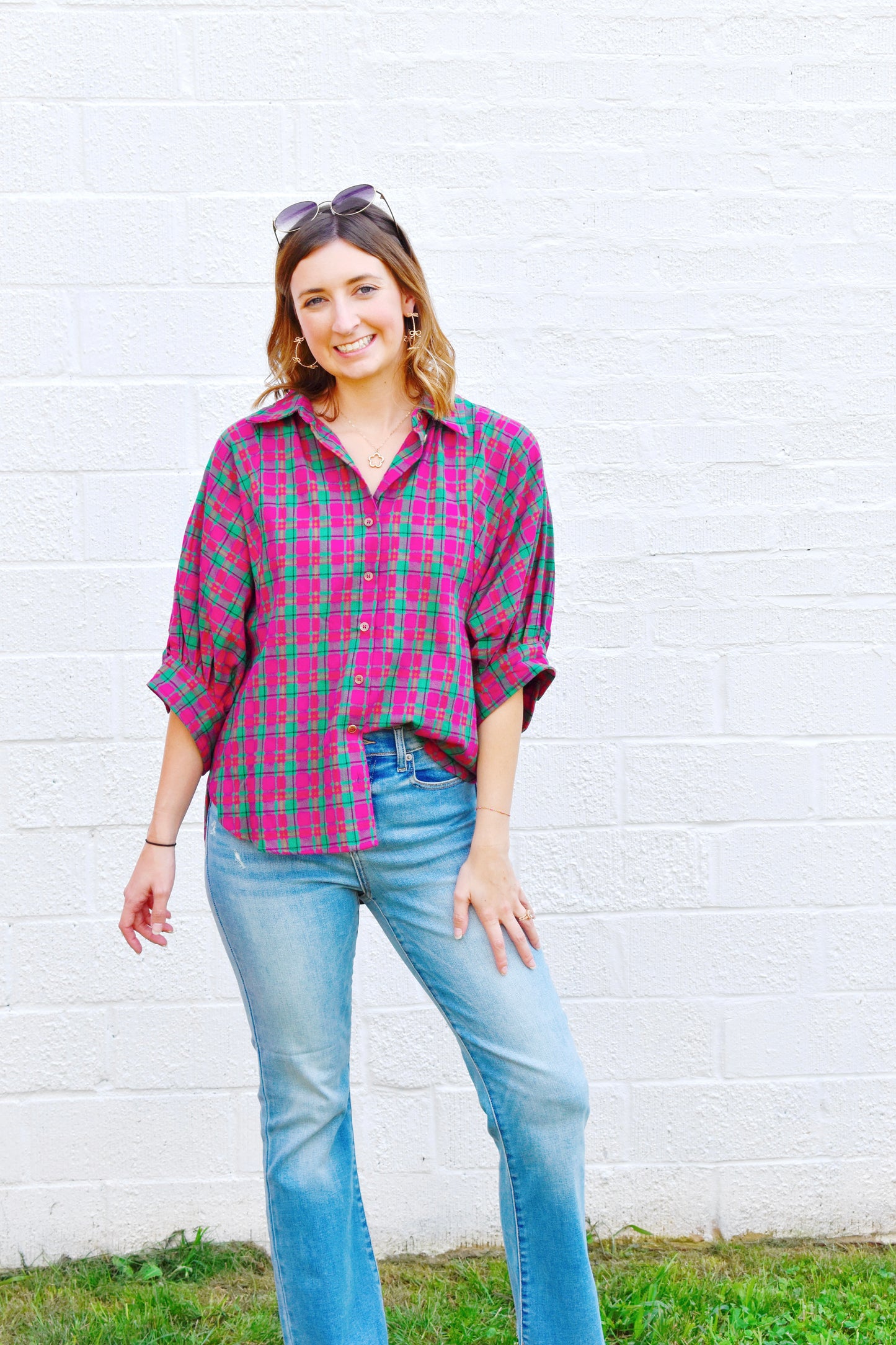 Magenta Plaid Oversized Button Up Top