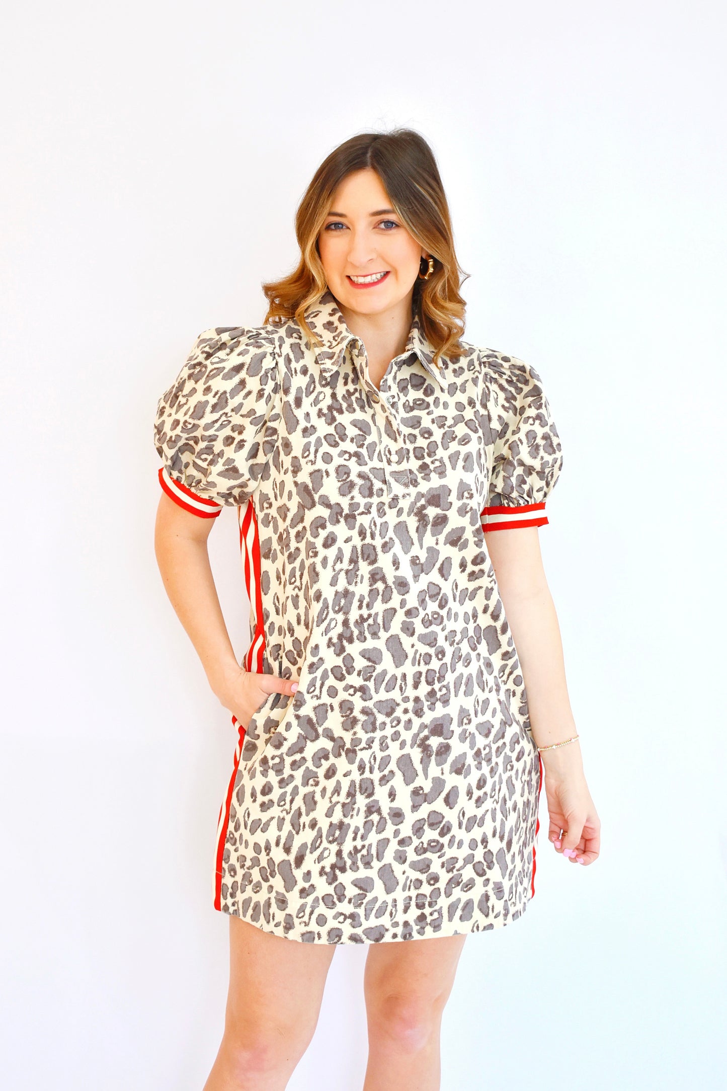 Animal Spot Denim Feel Red Stripe Trim Collared Dress