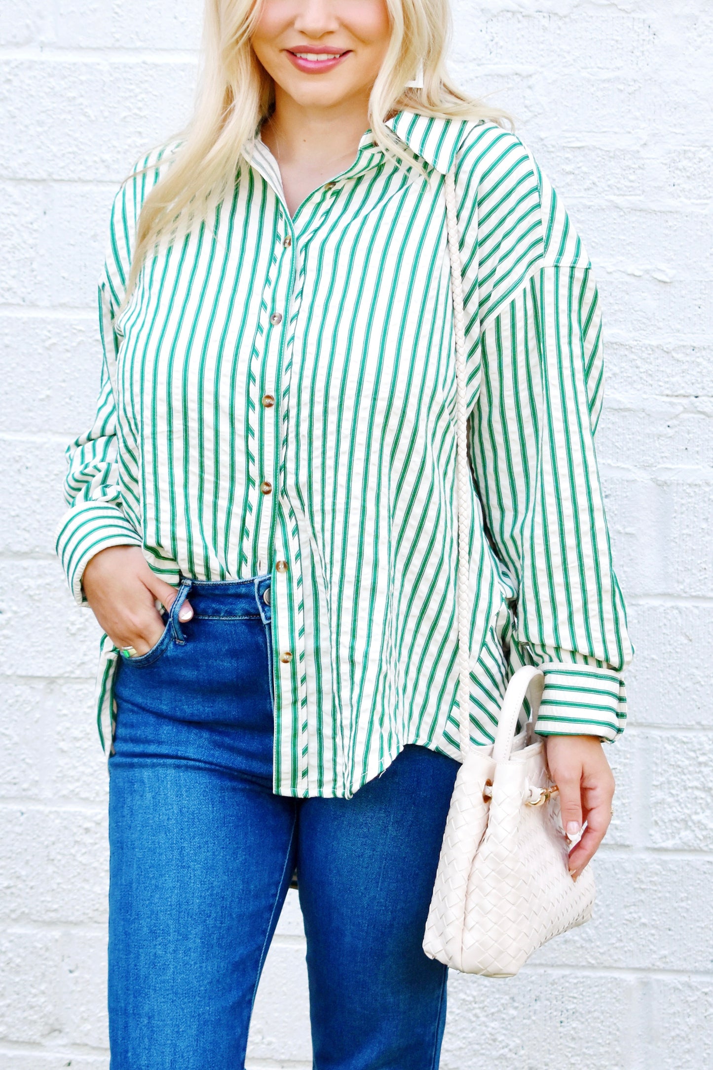 Green Stripe Button Down Top